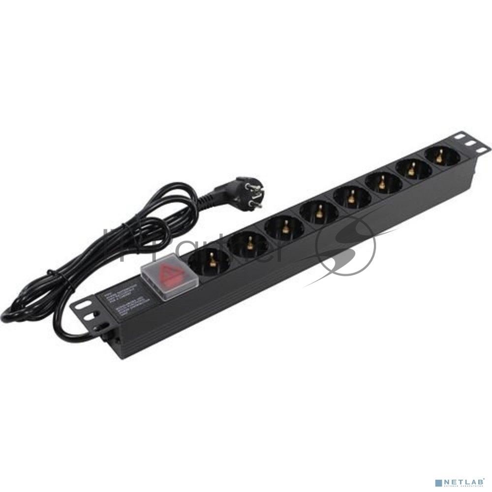 Блок розеток горизонтальный ExeGate ServerPro PDU-19H802 Al-8S-EU1.8-SW, 19", 1U, Алюминий, 8 Schuko, кабель с евровилкой VDE-250V-16A-3*1.5мм2, 1.8 метра, выкл. с подсветкой, черный
