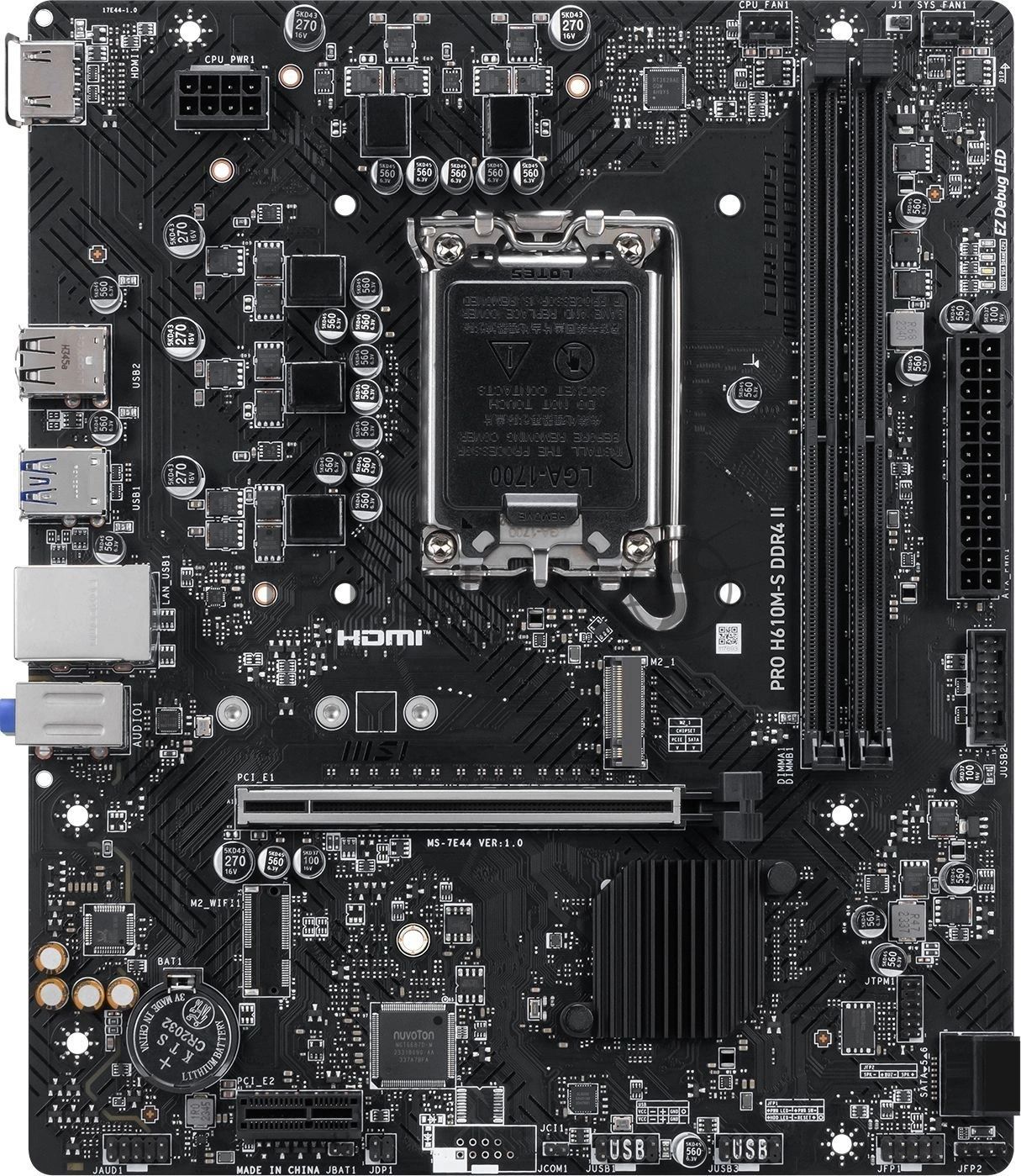 Материнская плата MSI PRO H610M-S DDR4 II, LGA1700, Intel H610, 2xDDR4, 2xSATA, 1xM.2 PCIe 3.0, 1xPCIe 4.0 x16, 1xPCIe 3.0 x1, 1xHDMI, 1x 1Gb LAN, 2xUSB 3.2 Gen1, 4xUSB 2.0, 3x3.5 мм, 7.1, microATX
