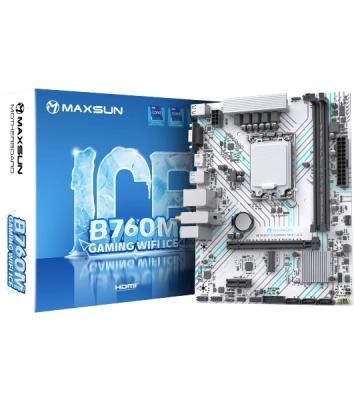 Материнская плата Maxsun B760M GAMING WIFI ICE, LGA 1700, Intel B760, 2xDDR4, 3xSATA, 1xM.2, 1xPCIe 4.0 x16, 1xPCIe x1, 1xVGA, 1xHDMI, 1x1Gb LAN, Wi-Fi 5, Bluetooth 4.2, 2xUSB-A 5Gbps, 4xUSB-A 2.0, 3x3.5 мм, 7.1, белый, mATX