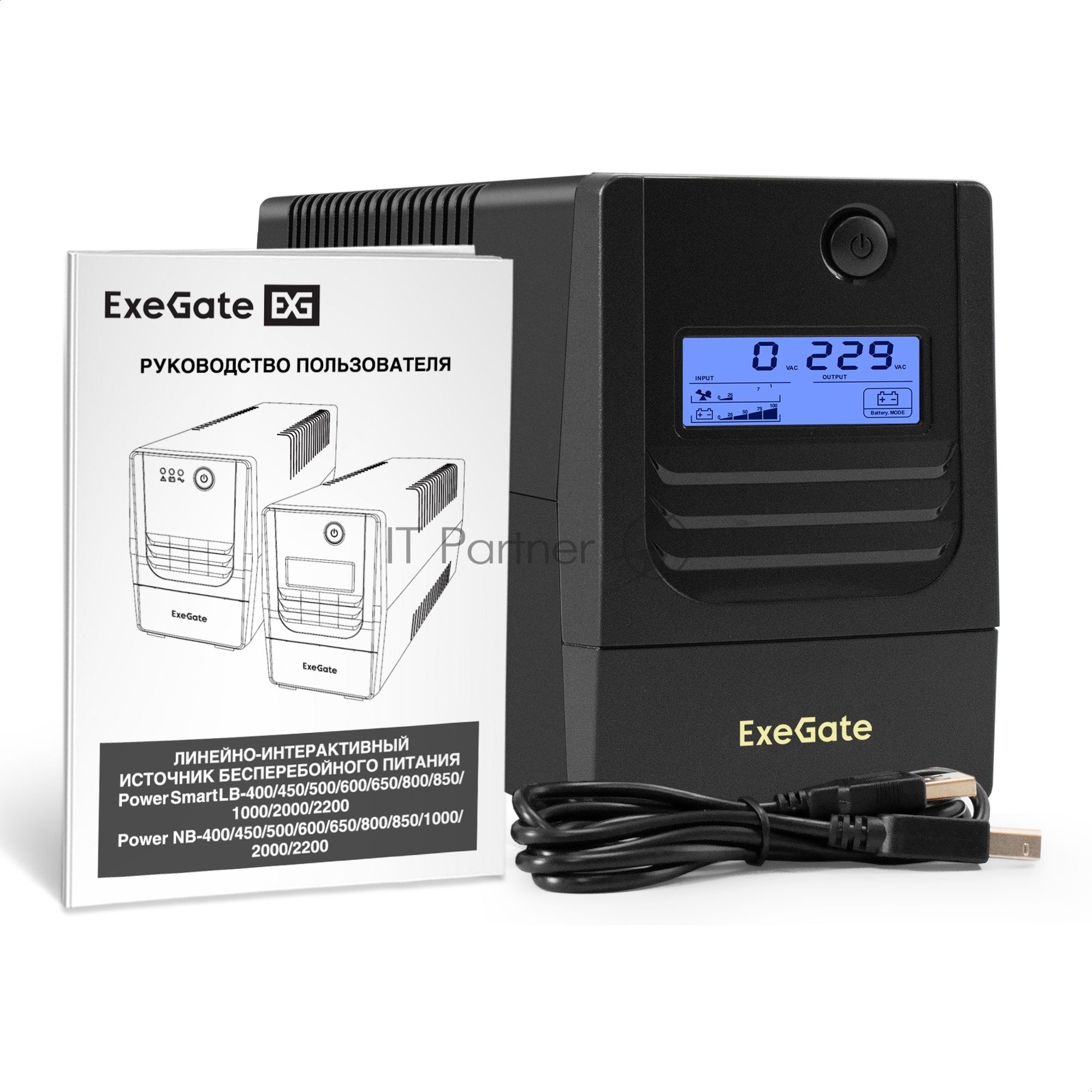 ИБП ExeGate Power Smart LB-600.LCD.AVR.2SH.USB (600VA/360W, LCD, AVR, 2*EU/Тип F(Schuko), USB, батарея 12V 7.2Ah, Black)