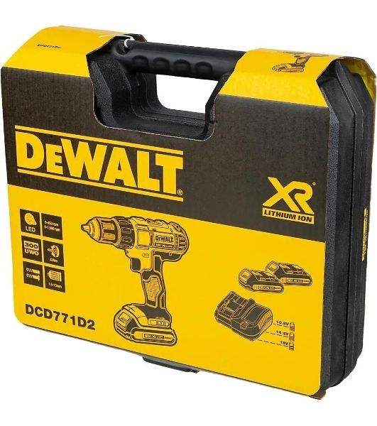 Дрель-шуруповерт DeWalt DCD771D2-QW, 18 В, 2 Ач, 42 Нм, щеточный