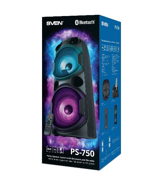 Колонка АС SVEN PS-750, черный (80 Вт, TWS, Bluetooth, FM, USB, microSD, LED-дисплей, 2х4400мА*ч)