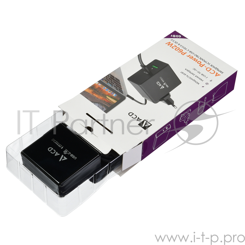 Сетевое зарядное устройство ACD-P602W-V1B 60Вт, 2xUSB 1PD+1QC, 3.6~20В/3А RTL