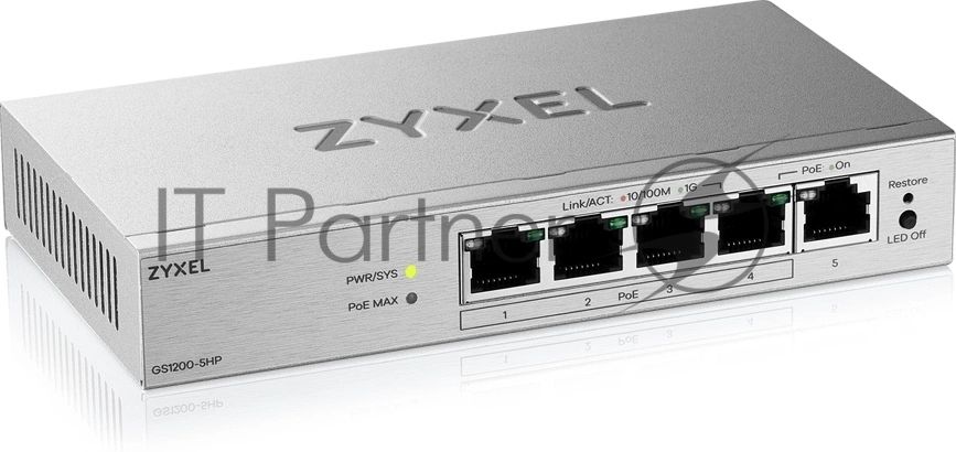 Коммутатор ZYXEL GS1200-5HPV3-EU0101F, 5×1 Гбит/с, 4×PoE+, 68 Вт, управляемый