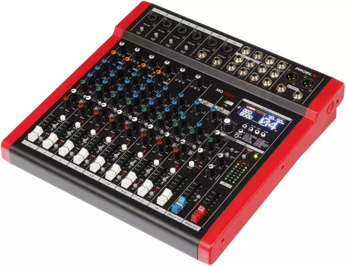 Микшерный пульт PROEL [MQ1222X] 12-ти канальный, 24 бит/48 кГц DSP, Bluetooth, медиа-плеер, 4x Combo XLR мик./лин. входа, 2x XLR+1/4" TRS (L/R) стерео мик./лин. входа, 2x XLR+1/4" TRS Main вых., 2x2 USB аудио интерфейс, 2x USB-A порта