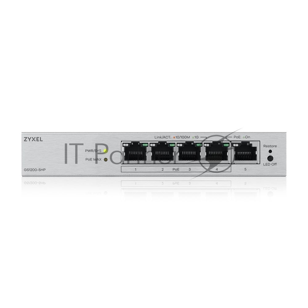 Коммутатор ZYXEL GS1200-5HPV3-EU0101F, 5×1 Гбит/с, 4×PoE+, 68 Вт, управляемый