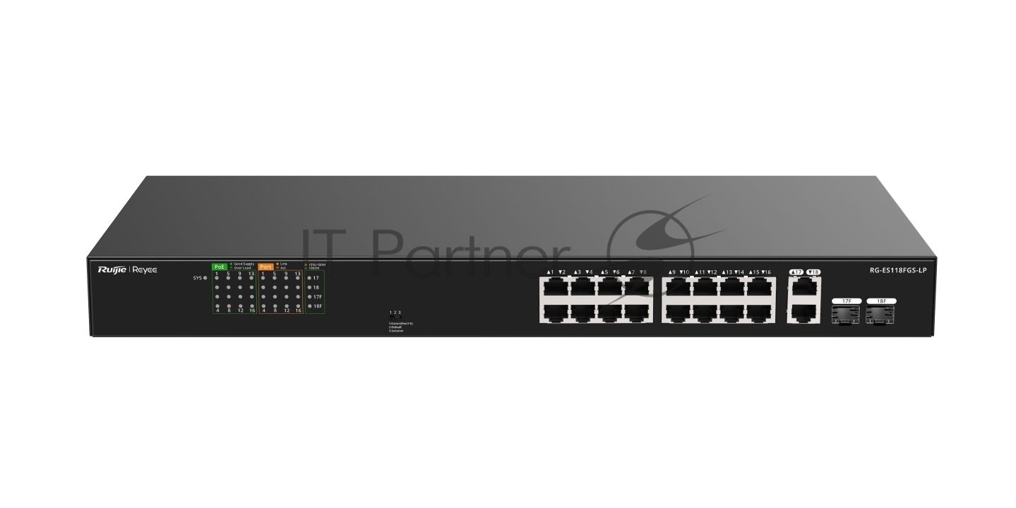 Коммутатор Ruijie Reyee RG-ES118FGS-LP, 16×100 Мбит/с PoE + 2×1 Гбит/с Комбо (RJ45/SFP), неуправляемый