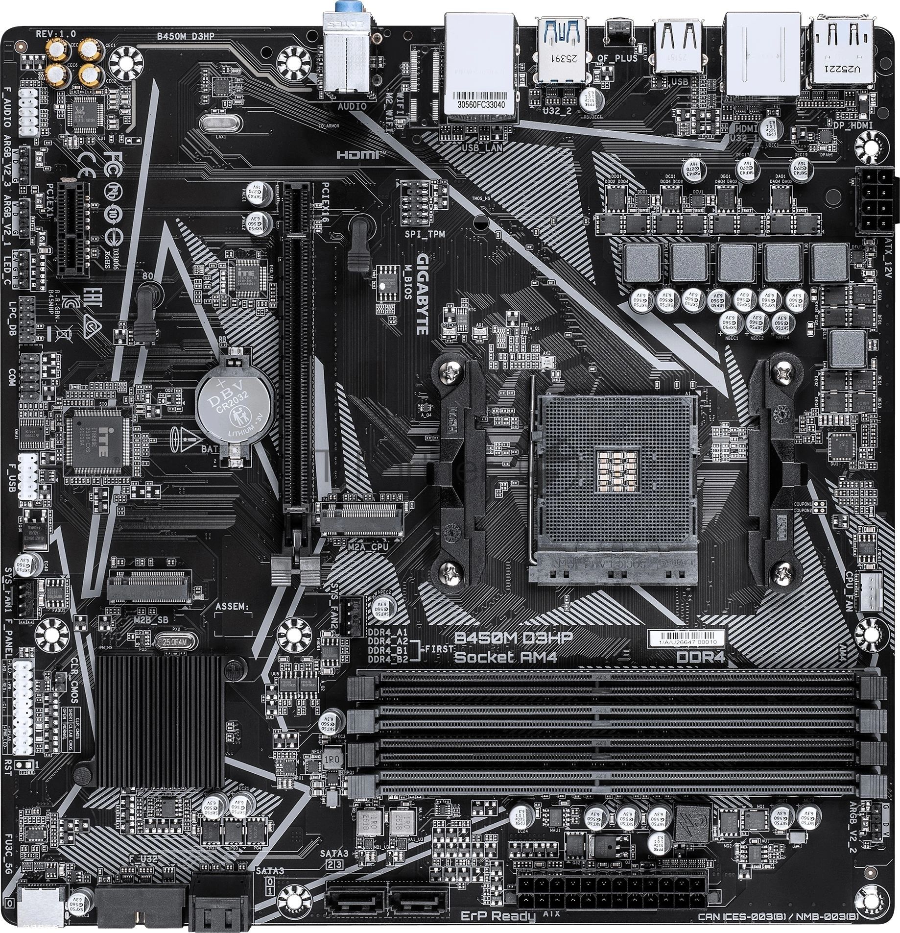Материнская плата Gigabyte B450M D3HP, AM4, AMD B450, 4xDDR4, 4xSATA, 2xM.2, 1xPCIe 3.0 x16, 1xPCIe 2.0 x1, 1xDisplayPort, 2xHDMI, 1x 1Gb LAN, 4xUSB 3.2 Gen 1, 3xUSB 2.0, 3x3.5 мм, 7.1, microATX