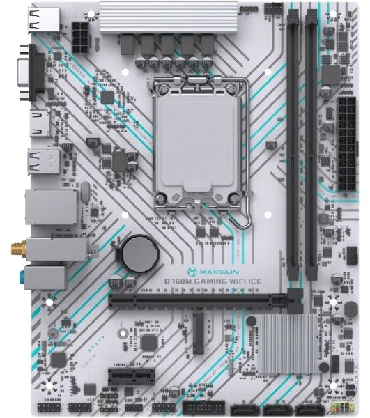 Материнская плата Maxsun B760M GAMING WIFI ICE, LGA 1700, Intel B760, 2xDDR4, 3xSATA, 1xM.2, 1xPCIe 4.0 x16, 1xPCIe x1, 1xVGA, 1xHDMI, 1x1Gb LAN, Wi-Fi 5, Bluetooth 4.2, 2xUSB-A 5Gbps, 4xUSB-A 2.0, 3x3.5 мм, 7.1, белый, mATX