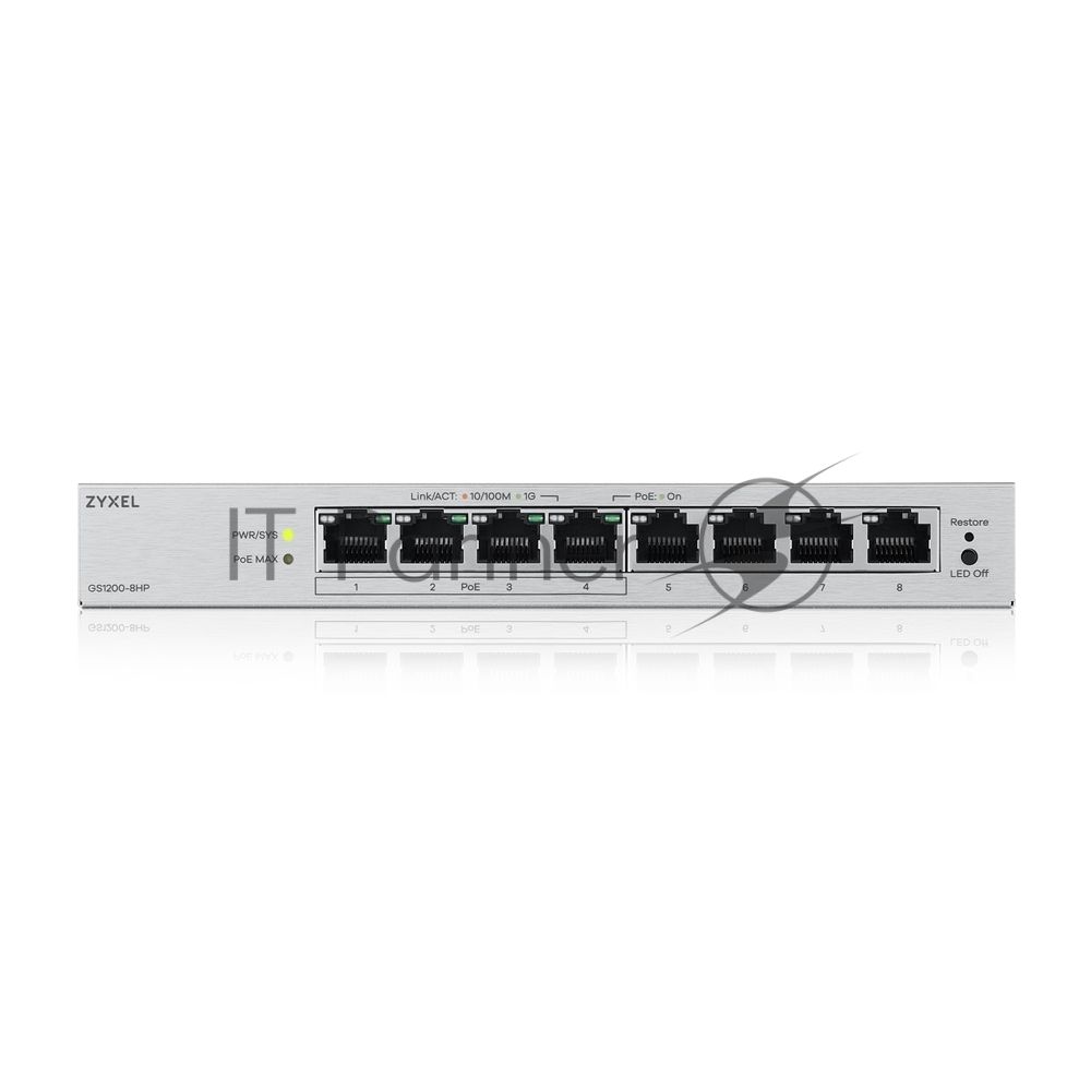 Коммутатор ZYXEL GS1200-8HPV3-EU0101F, 8×1 Гбит/с, 4×PoE+, 68 Вт, управляемый
