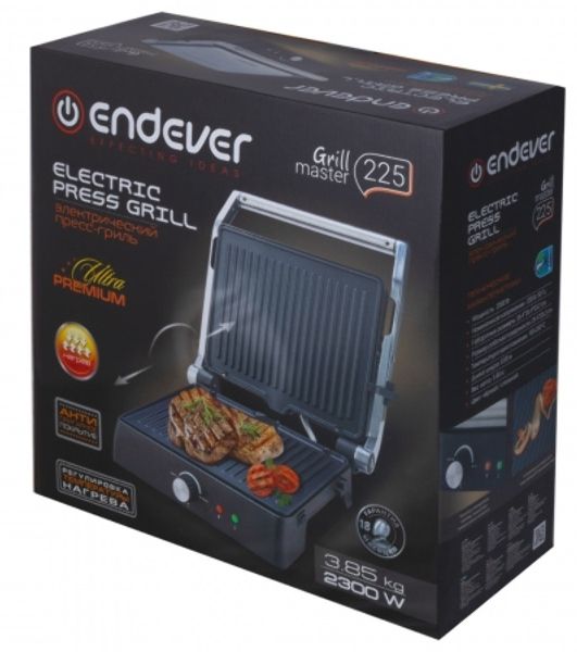 Электрический пресс-гриль Endever Grillmaster 225, серебристый/черный, 2300 Вт, терморегулятор, размер пов-ти 28х17 см