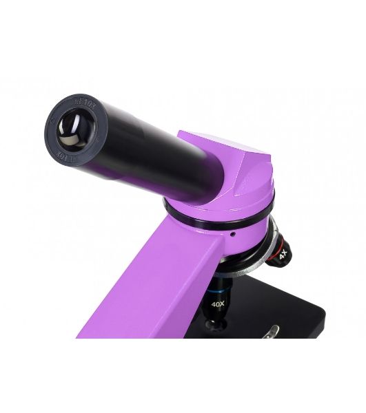 Микроскоп Levenhuk RAINBOW 2L AMETHYST/Аметист Микроскоп с предметным столиком, трехгнездным револьвером, фокусировочным механизмом, двумя источниками света с регулировкой яркости Монокулярная насадка Объективы: 4х, 10х, 40х, Увеличение микроскопа: 64-640