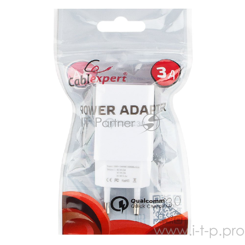 Сетевое зарядное устройство Cablexpert MP3A-PC-16, QC 3.0, 100/220V - 1 USB порт 5/9/12V, белый