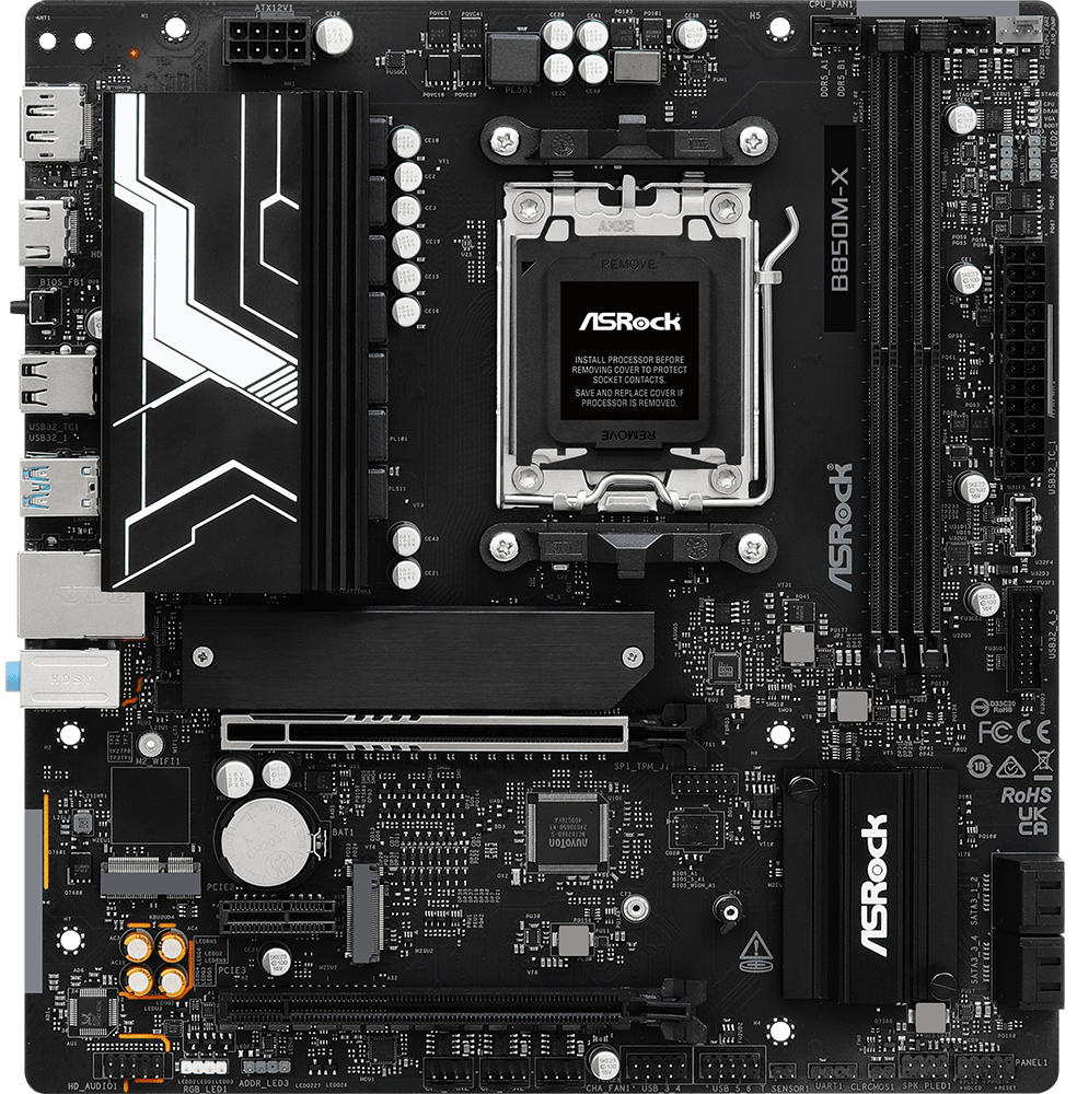 Материнская плата ASRock B850M-X R2.0, AM5, AMD B850, 2xDDR5, 4xSATA, 2xM.2, 1xPCIe 5.0 x16, DisplayPort, HDMI, 1x2.5Gb LAN, USB Type-C, 3x3.5 мм, 7.1, microATX