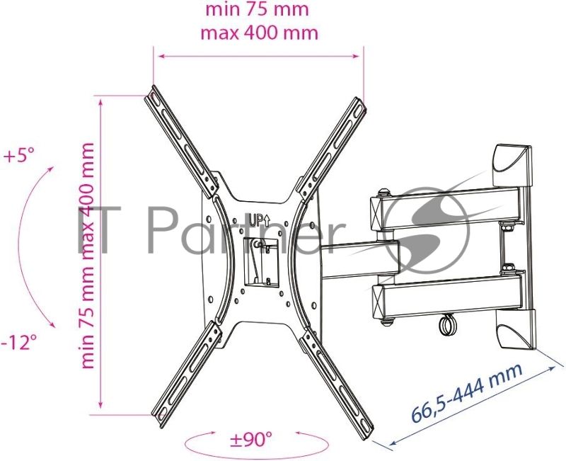 Кронштейн Kromax Optima-404 черный 15"-55" настенный от стены 66.5-444мм наклон +5°/-12° VESA 400х40