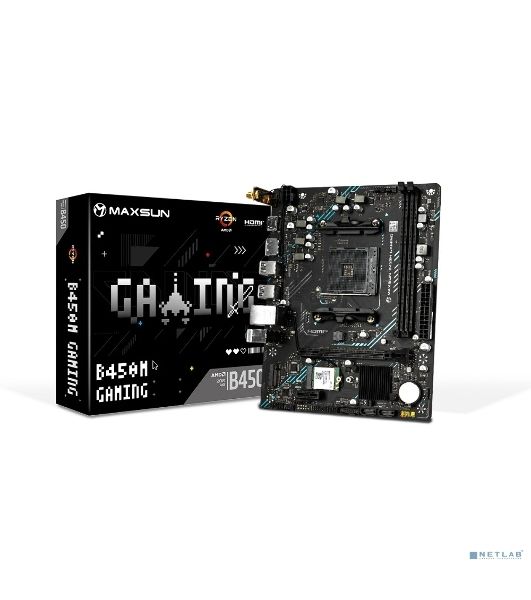 Материнская плата Maxsun B450M GAMING WIFI, AM4, AMD B450, 2xDDR4 (до 64 ГБ), 2xSATA, 1xM.2 (PCIe 3.0 x4), 1xPCIe 3.0 x16, 1xPCIe 3.0 x1, 1xHDMI, 1xDP, 1x1Gb LAN, Wi-Fi 5, Bluetooth 4.2, 4xUSB-A 5Gbps, 2xUSB-A 2.0, 3x3.5 мм, 7.1, mATX