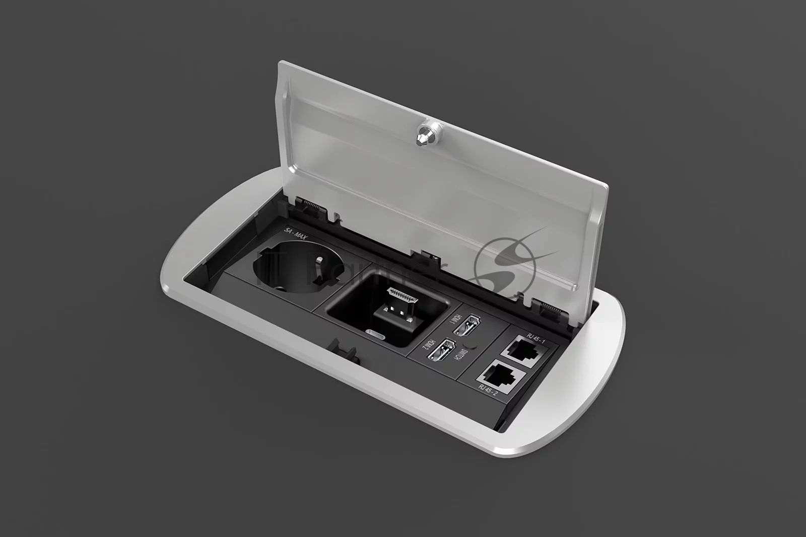 Прямоугольный металлический корпус Wize Pro WRTS-M-6CBOX-S серия M, для модульной системы врезного лючка в стол с убирающейся крышкой для установки до 6 модулей-вставок серии М, серебристый
