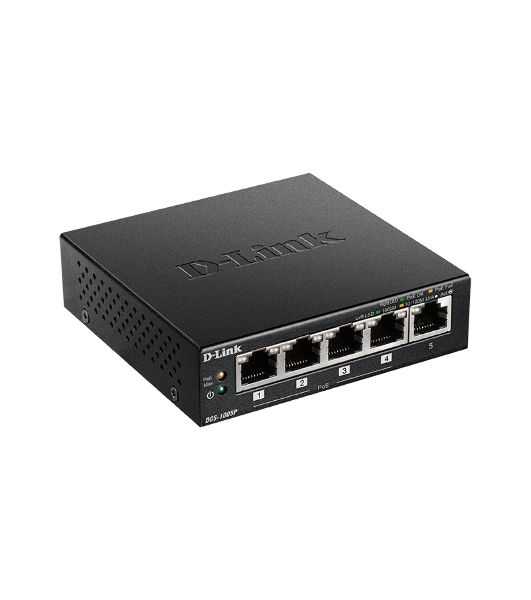 Неуправляемый коммутатор D-Link DGS-1005P/L (ревизия A1) с 5 портами 10/100/1000Base-T (4 порта PoE 802.3af/at, PoE-бюджет 60 Вт)