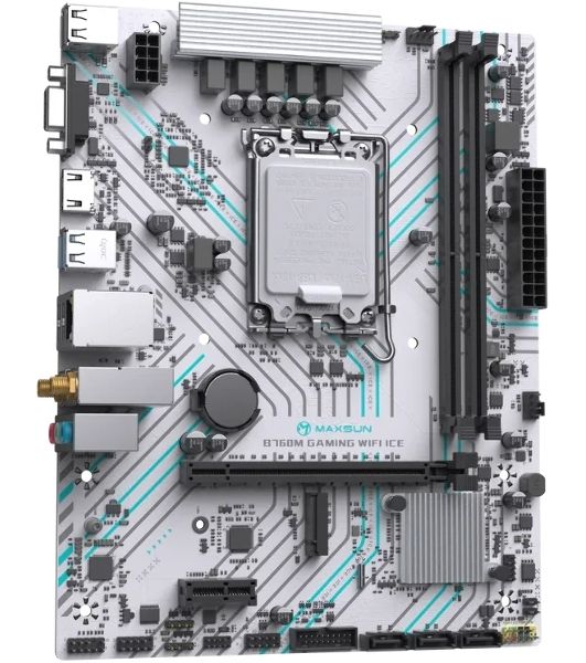 Материнская плата Maxsun B760M GAMING WIFI ICE, LGA 1700, Intel B760, 2xDDR4, 3xSATA, 1xM.2, 1xPCIe 4.0 x16, 1xPCIe x1, 1xVGA, 1xHDMI, 1x1Gb LAN, Wi-Fi 5, Bluetooth 4.2, 2xUSB-A 5Gbps, 4xUSB-A 2.0, 3x3.5 мм, 7.1, белый, mATX