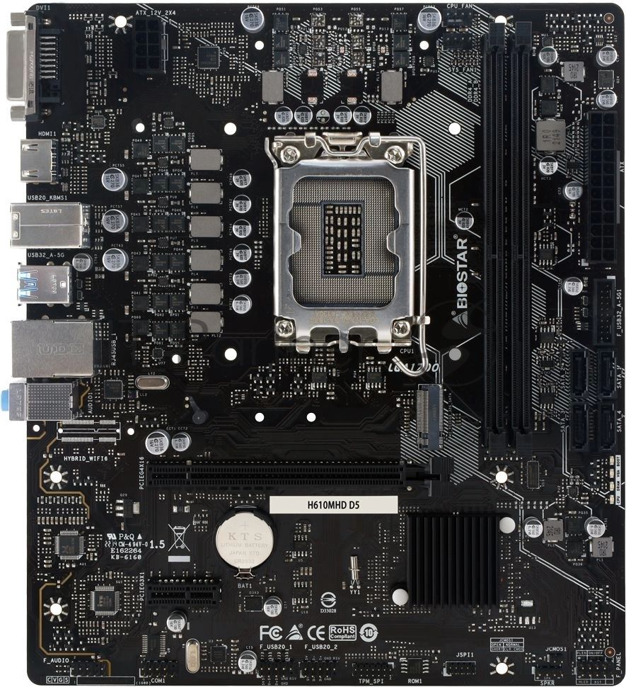 Материнская плата Biostar H610MHD D5, LGA1700, Intel H610, 2xDDR5, 4xSATA, 1xM.2, 1xPCIe 4.0 x16, HDMI, DVI-D, 1x1Gb LAN, 3x3.5 мм, 7.1, microATX