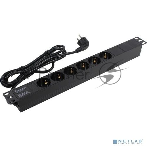 Блок розеток горизонтальный ExeGate ServerPro PDU-19H603 Al-6S-EU2.5, 19", 1U, Алюминий, 6 Schuko, кабель с евровилкой VDE-250V-16A-3*1.5мм2, 2.5 метра, черный