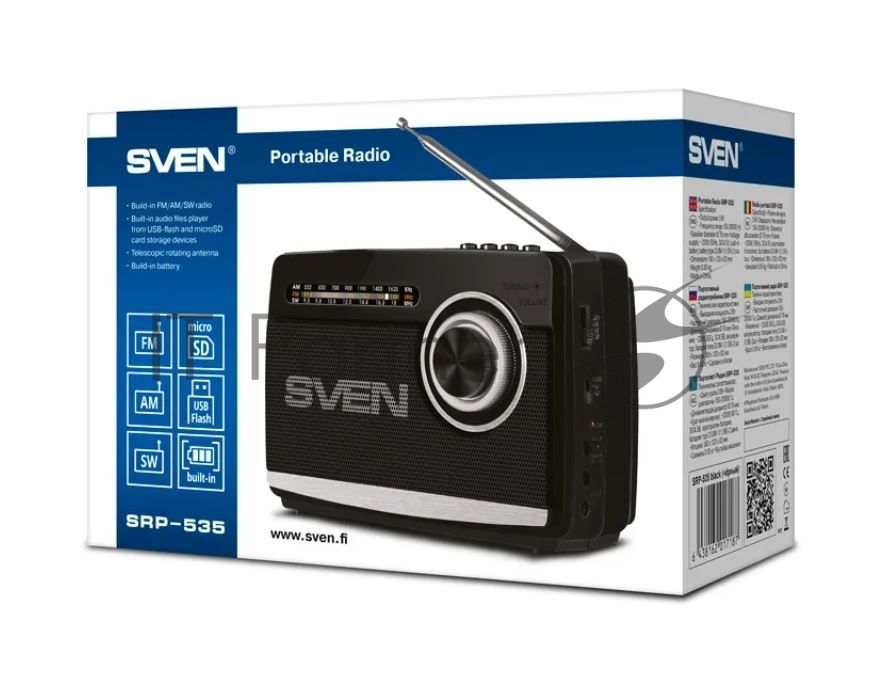 Радиоприёмник SVEN SRP-535 чёрный (3 Вт, FM/AM/SW, USB, SD/microSD, 900 мАч, 2 х D/UM, фонарь)