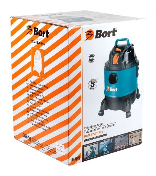 Строительный пылесос Bort BSS-1220-Pro синий, 250/1250 Вт, уборка сухая/влажная, пылесборник контейнер, 20 л