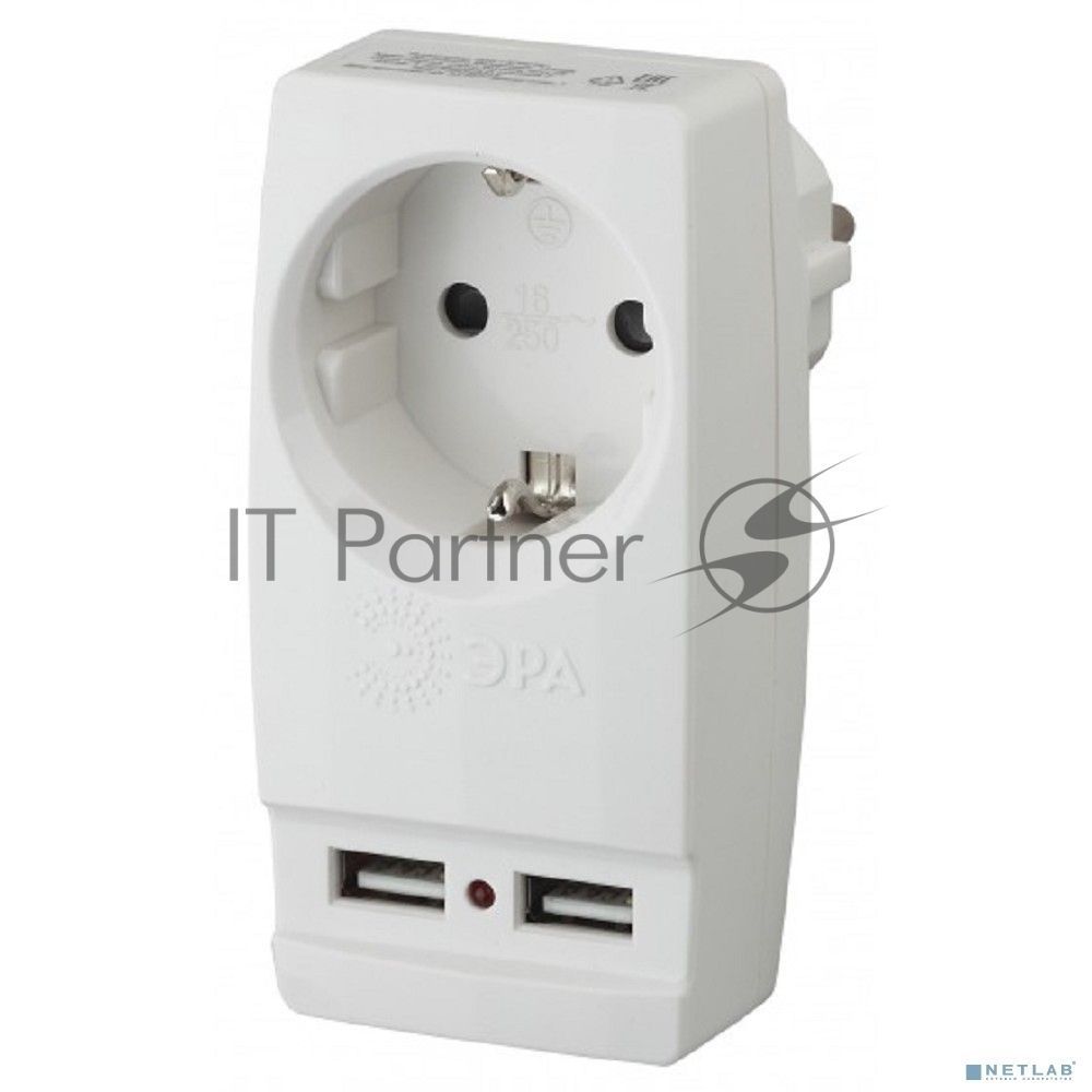 Адаптер ЭРА Б0026332 "Polynom" SP-1e-USB-W 1гн 220V + 2xUSB 2100mA, c заземл, (белый)