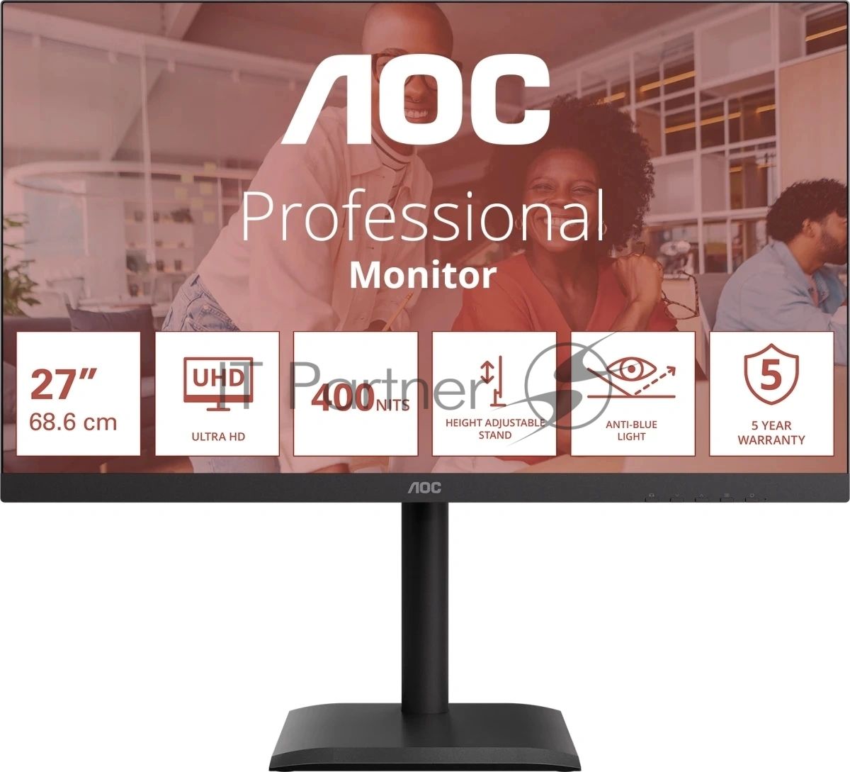 Монитор 27" AOC U27E4CV IPS 3840x2160, 60 Гц, 4 мс, 16:9, 400 кд/м², 2xHDMI 2.0, DP 1.4, DP Out, USB-C (90 Вт), USB Hub (4x USB 3.2), RJ45, 3.5 Jack, динамики (2x2 Вт), HDR Ready, Adaptive-Sync, VESA 100x100, черный