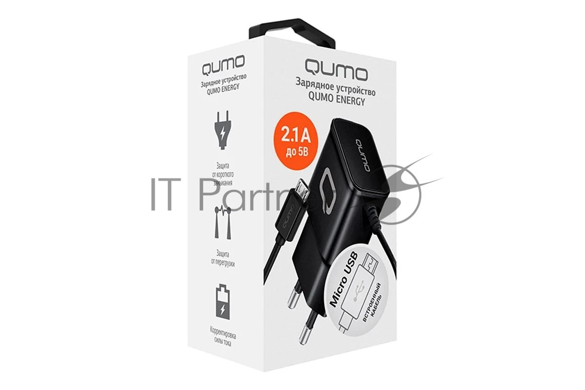 Сетевое зарядное устройство Qumo Energy (Charger 0024) 2.1A, встроенный кабель MicroUSB, черный