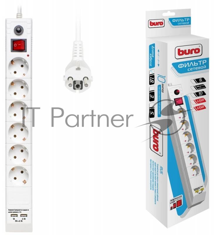 Сетевой фильтр Buro BU-SP1.8 USB 2A-W 1.8 м, 6 розеток, белый, коробка