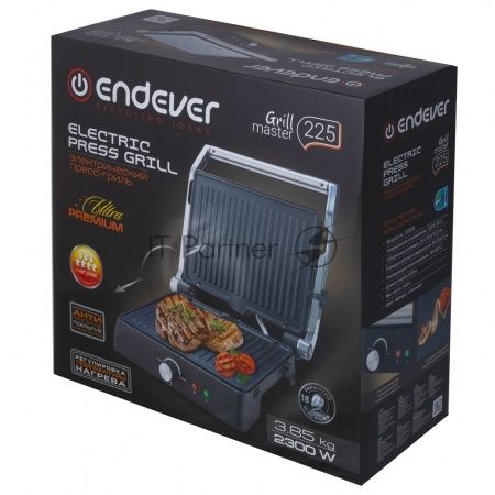 Гриль электрический Endever Grillmaster 225, серебристый/черный, 2300 Вт, терморегулятор, размер пов-ти 28х17 см