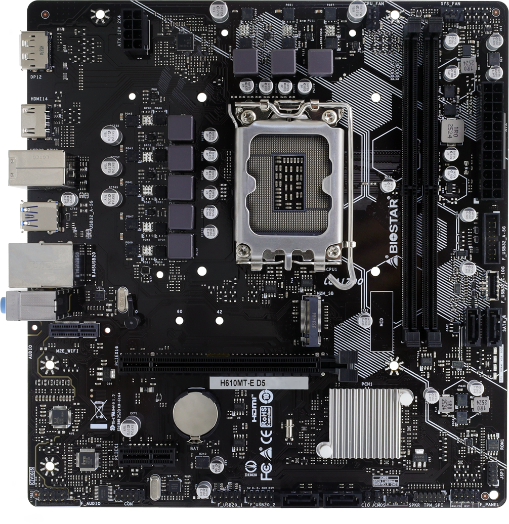 Материнская плата Biostar H610MT-E D5, LGA1700, Intel H610, 2xDDR5, 4xSATA, 1xM.2, 1xPCIe 4.0 x16, DisplayPort, HDMI, 1x1Gb LAN, 3x3.5 мм, 7.1, microATX
