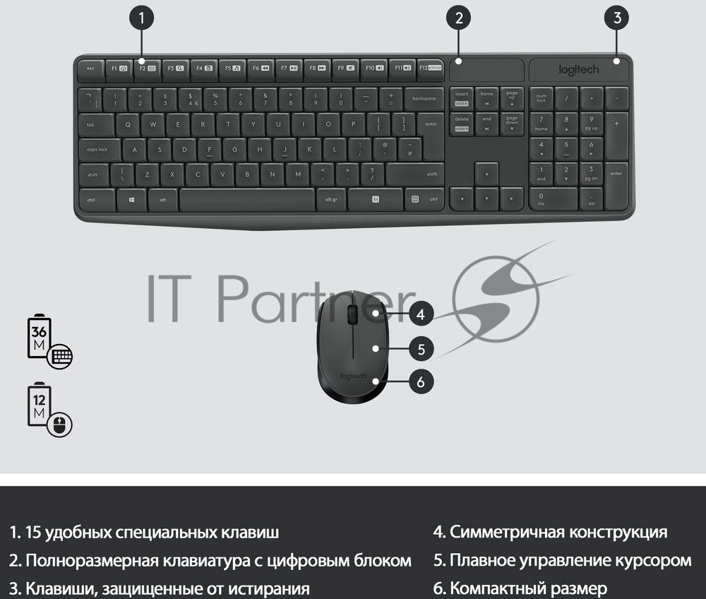 Комплект клавиатура+мышь Logitech MK235 беспроводной, USB, 1000 DPI, серый ( неоригинальная гравировка)