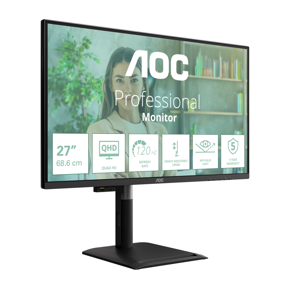 Монитор 27" AOC Q27P4U IPS 2560x1440, 120 Гц, 4 мс, 16:9, 350 кд/м², 2xHDMI 2.0, DP 1.2, USB-C (15 Вт PD), USB Hub (3x USB-A), 3.5 Jack, динамики (2x2 Вт), HDR10, Adaptive-Sync, черный