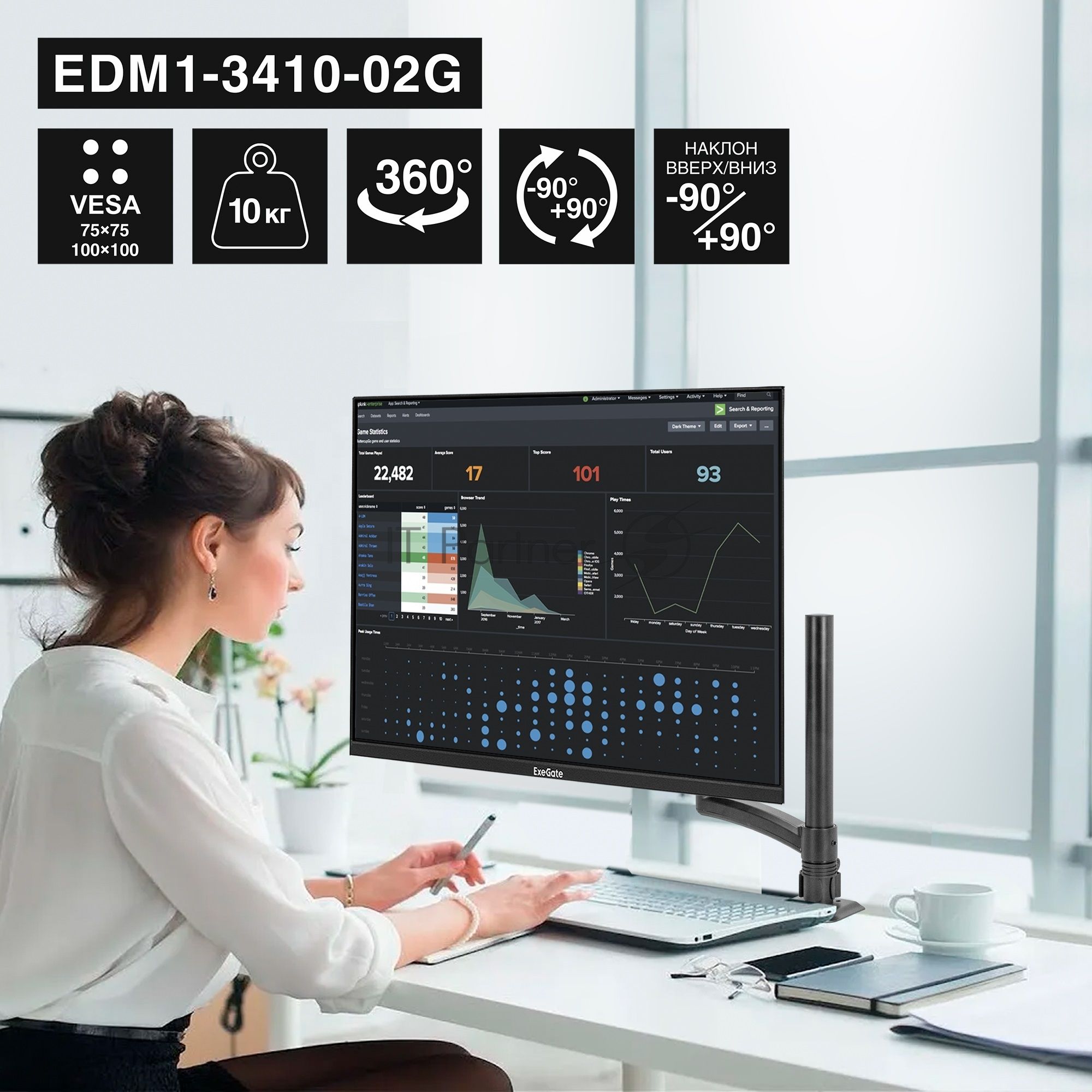 Кронштейн для монитора 13"-34" настольный ExeGate EDM1-3410-02G (газовая пружина, VESA 75x75, 100x100, макс.нагрузка 10 кг, наклон -90°/+90°, поворот -90°/+90°, вращение 360°, 2 способа крепления: сквозное и струбцина, цвет черный)