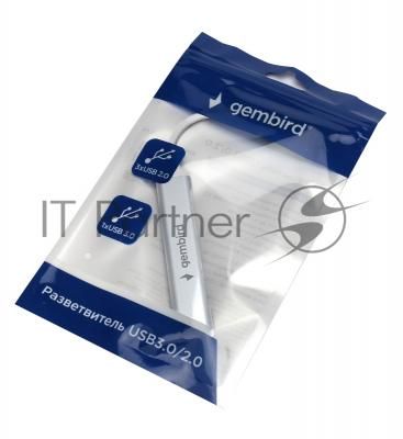 Разветвитель USB3.0/2.0 Gembird UHB-C206, USB3.0, 3xUSB2.0, кабель USB 10 см, серебристый металл, пакет