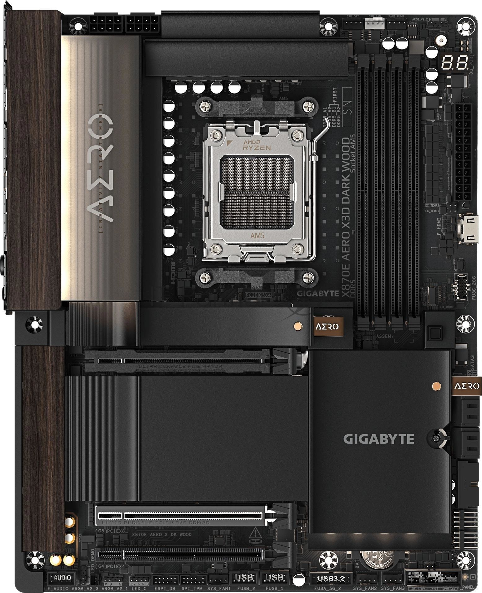 Материнская плата Gigabyte X870E AERO X3D DARK WOOD, AM5, AMD X870E, 4xDDR5, 4xSATA 6Gb/s, 4xM.2, 2xPCIe 5.0 x16, 1xPCIe 4.0 x4, 1xHDMI, 2x5Gb LAN, 3xUSB Type-C, 5xUSB 3.2 Gen 2, 3xUSB 3.2 Gen 1, 2x3.5 мм, 7.1, ATX