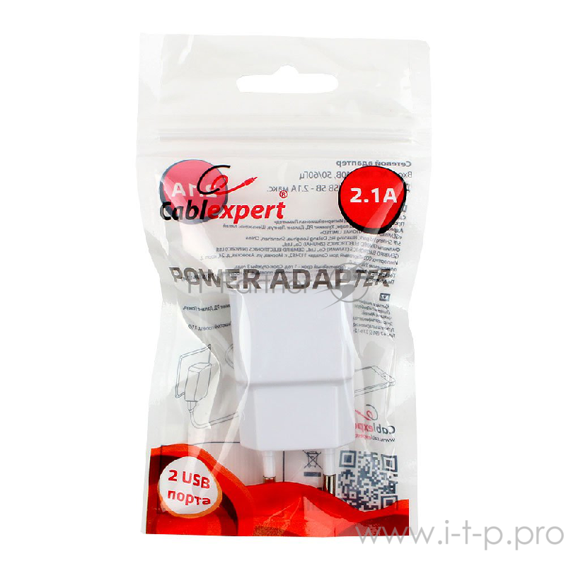 Сетевое зарядное устройство Cablexpert MP3A-PC-11 100/220V - 5V USB 2 порта, 2.1A, белый