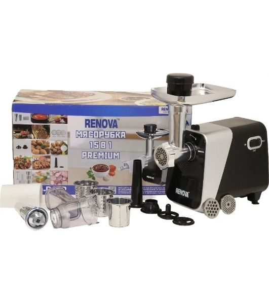 Мясорубка электрическая Renova MG260-R1BP черный, 2600 Вт, 2.5 кг/мин, реверс, защита от перегрузки, металлический лоток, насадки - 7