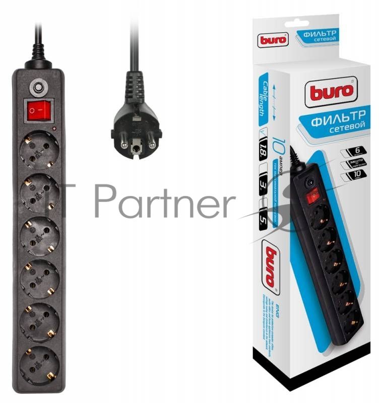 Сетевой фильтр Buro 600SH-1.8-B 1.8 м, 6 розеток, черный, коробка