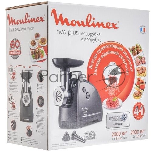 Мясорубка электрическая Moulinex ME682832 черный, 2000 Вт, 2.6 кг/мин, реверс, защита от перегрузки, насадки - 4