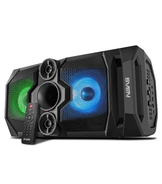 Мобильные колонки SVEN PS-655 2.0 черные (2x25W, mini Jack, USB Type-C, USB flash, Bluetooth, FM, micro SD, ПДУ, LED экран, 4400 мA, RGB подсветка)