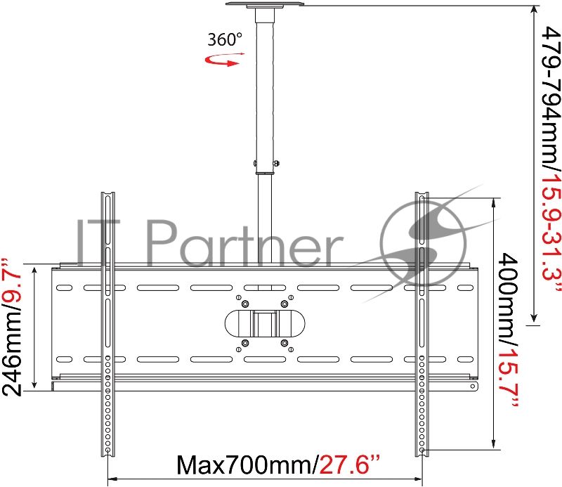 Кронштейн для телевизора Cactus CS-CP04-R черный 37"-70" макс.81.6кг потолочный поворот и наклон