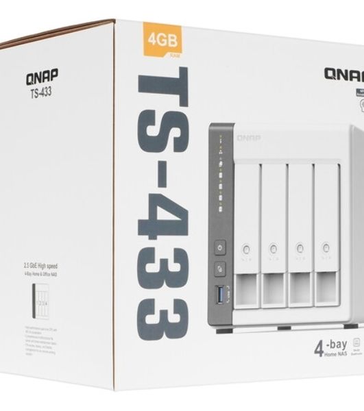 Сетевое хранилище SMB QNAP TS-433-4G NAS 4 HDD trays. ARM 4-core Cortex-A55 2.0GHz, ram 4 Gb (max), 1x1GbE, 1x2.5GbE, 2xUSB 2.0 port,1xUSB 3.2 Gen 1
