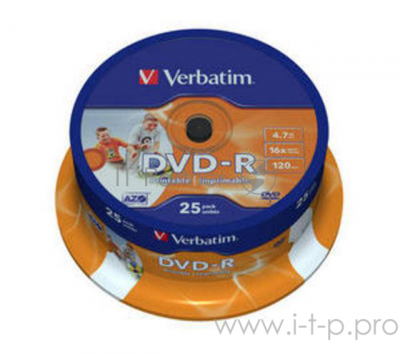 Диск DVD-R Verbatim 4.7Gb 16x Cake Box (25шт) Printable (43538)