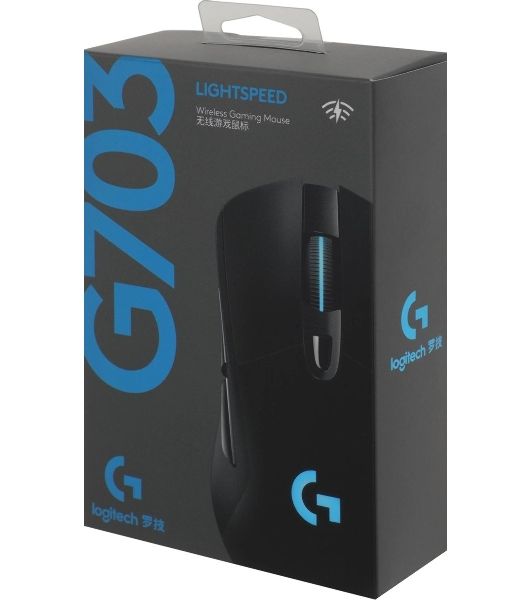 Мышь игровая Logitech G703 Lightspeed черная, сенсор 100-25600dpi (Hero25K), беспроводная 2.4GHz + USB 1,8м, 5 программируемых кнопок + колесо прокрутки, RGB-подсветка, под правую руку