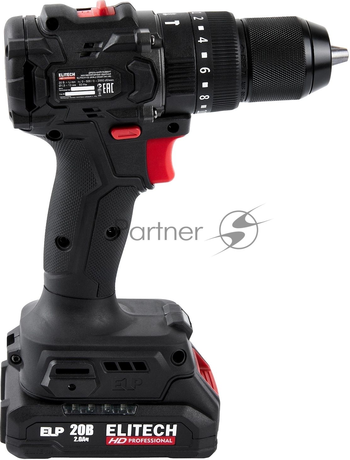 Дрель-шуруповерт Elitech CD 20ISL2, 20 В, 2 Ач, 60 Нм, бесщеточный, ударный