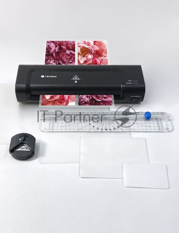 Ламинатор ГЕЛЕОС ЛМ A4 Комбо, А4, 2х150 (пленка 75-150мкм), 300 мм/мин, 2 вала, пласт. корпус, мах толщина 0,6мм, разжим валов, + резак, обрезчик углов и стартовый набор пленок