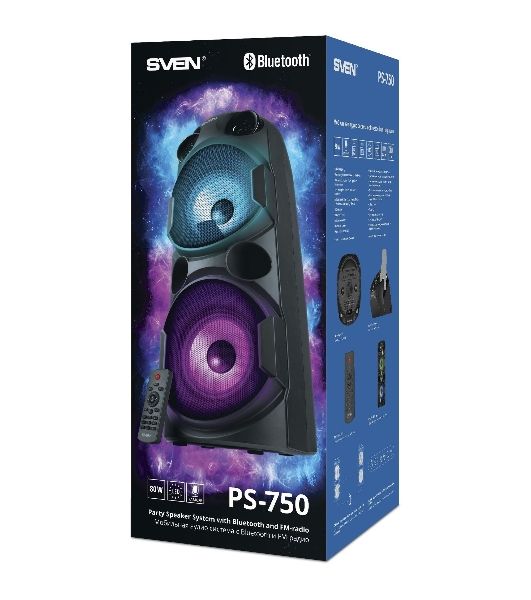 Колонка АС SVEN PS-750, черный (80 Вт, TWS, Bluetooth, FM, USB, microSD, LED-дисплей, 2х4400мА*ч)